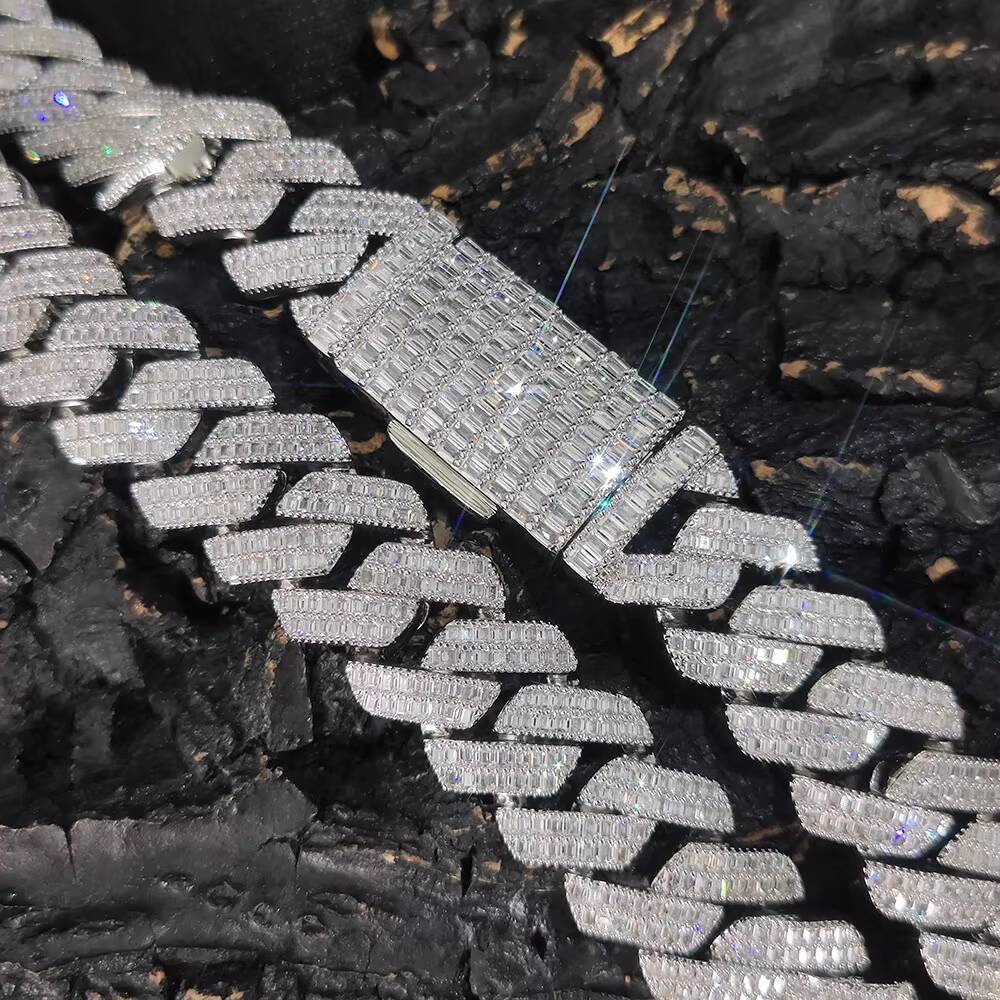Collar y Pulsera Personalizados de Eslabn Cubano de Miami de 20 mm con 2 Hileras de Circonitas Cbicas Baguette Heladas Joyera Bling de Latn Estilo Hip