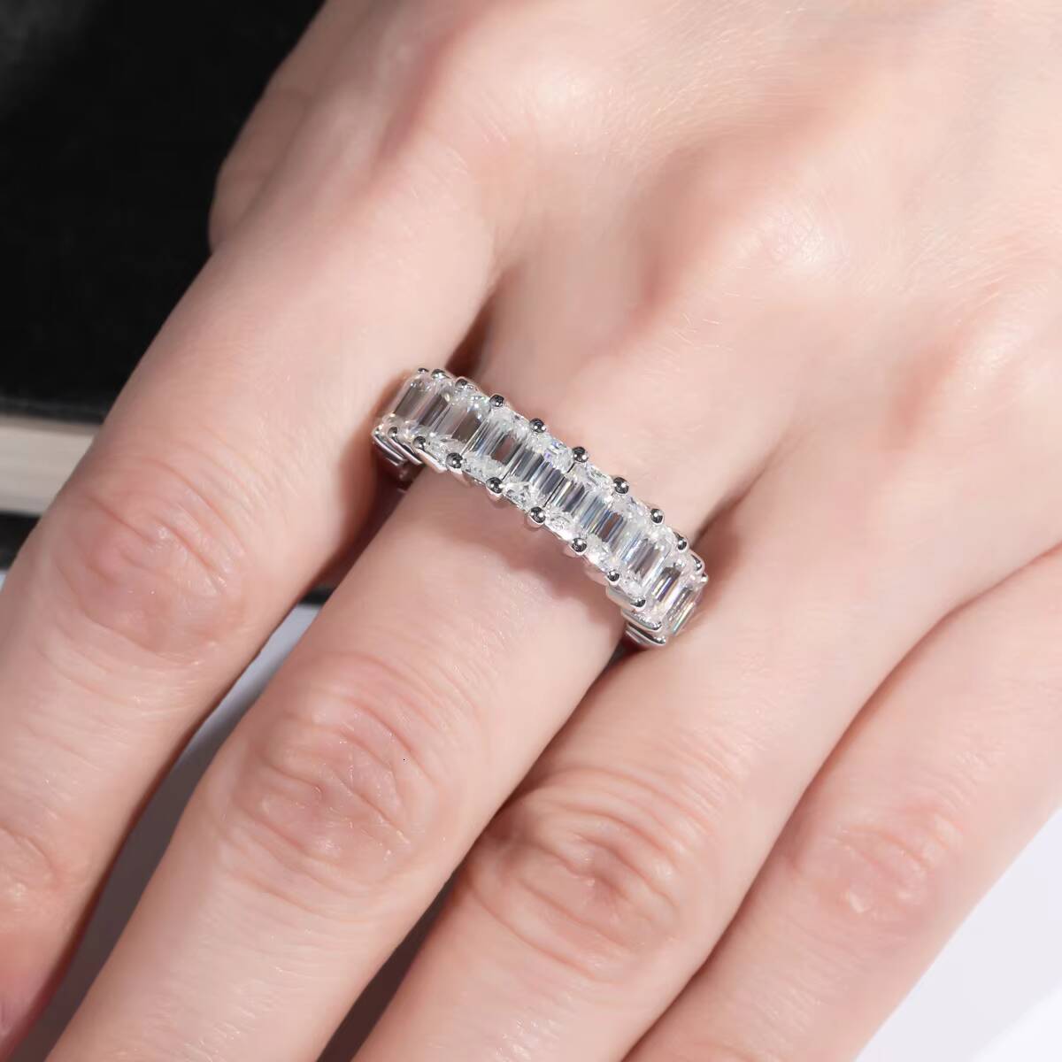 Emerald Cut Moissanite Full Eternity Band 925 Sterling Silver Light Luxury Minimalist Ring Cross-Border Exclusive Wholesale