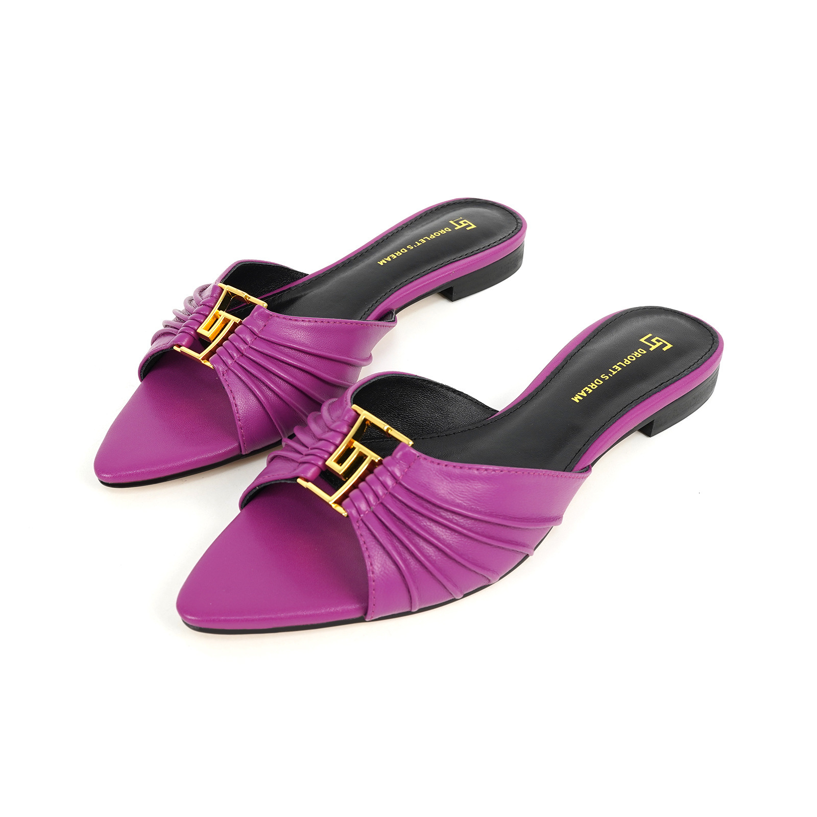Women Classic Red Metal Buckle Slide Mules, Pointed Toe Pleated Flat Casual Outdoor Daily Dress Slippers