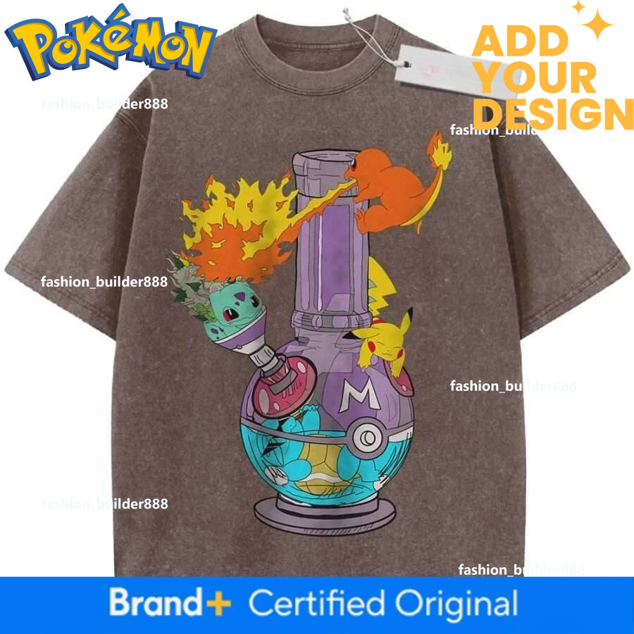 T Shirt Sports T Shirt Short Sleeve T Shirt Rose Red Unisex Pure Cotton Washed Vintage Pokemon Bulbasaur Pikachu Charmander - view 4