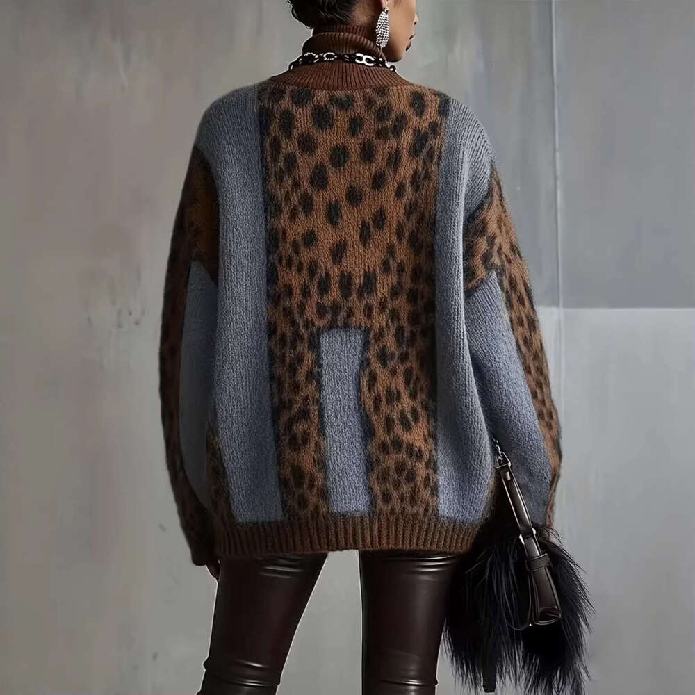 Women's Lazy Style Leopard Print Knit Sweater Fall Winter Warm Thick Loose Retro Patchwork Pullover Outerwear Tops MAKOUFEI
