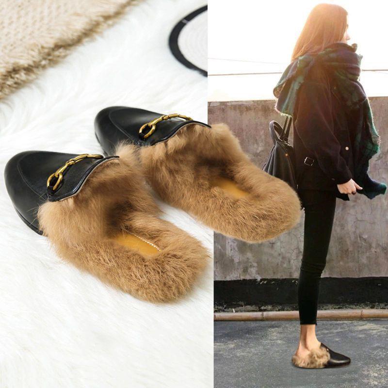 Women's Fuzzy Lined Leather Mules, Metal Buckle Backless Warm Slip-On Winter Flats - view 2