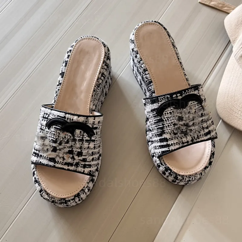 with box cc sandals Wedges Sandals Ladies Platform Wedge Sandles for Women Designer Slides Sandal Tweed Chunky Block Heels wedge Flip Flips Slippers Slip on 34a