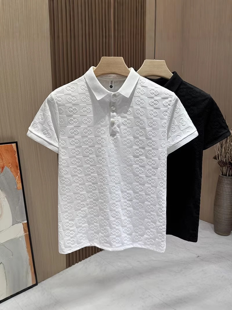 designer Tees 2026 Men's Luxury Monogram Embossed Polo Shirt Casual Slim Fit Short Sleeve Button Placket Top