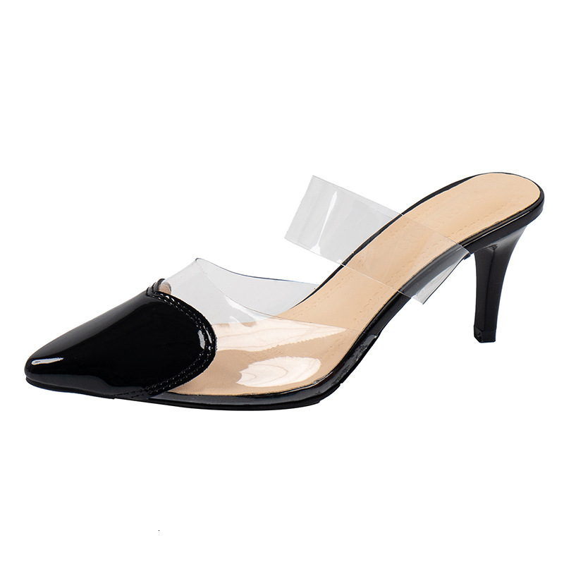 Spring New Fashion Simple Patent Leather Heart-Shaped Pointed Toe Mules For Women, Thin Heel High-Heeled Closed-Toe Sandals