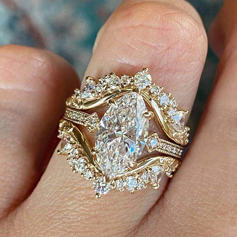 Huitan Gorgeous Marquise Cut Ring for Women 3PcSet Elegant Accessories Female Finger Jewelry Wedding Ceremony Party 260409