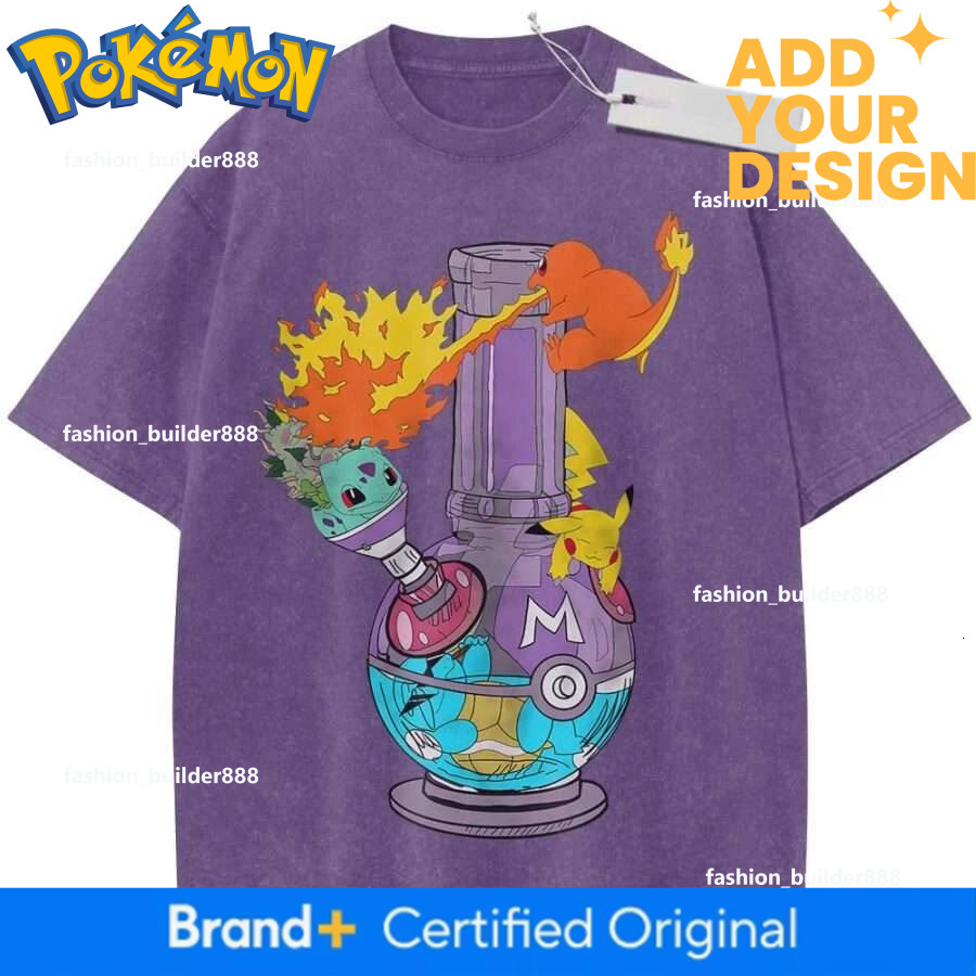 T Shirt Sports T Shirt Short Sleeve T Shirt Rose Red Unisex Pure Cotton Washed Vintage Pokemon Bulbasaur Pikachu Charmander - view 5