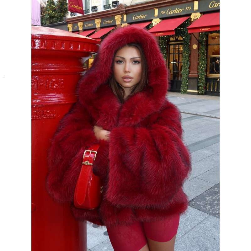 Solid Color Hooded Faux Fur Coat for Women Warm Comfortable Eye-Catching Fashion Winter Outerwear European American Cross-Border Trendy MAKOUFEI