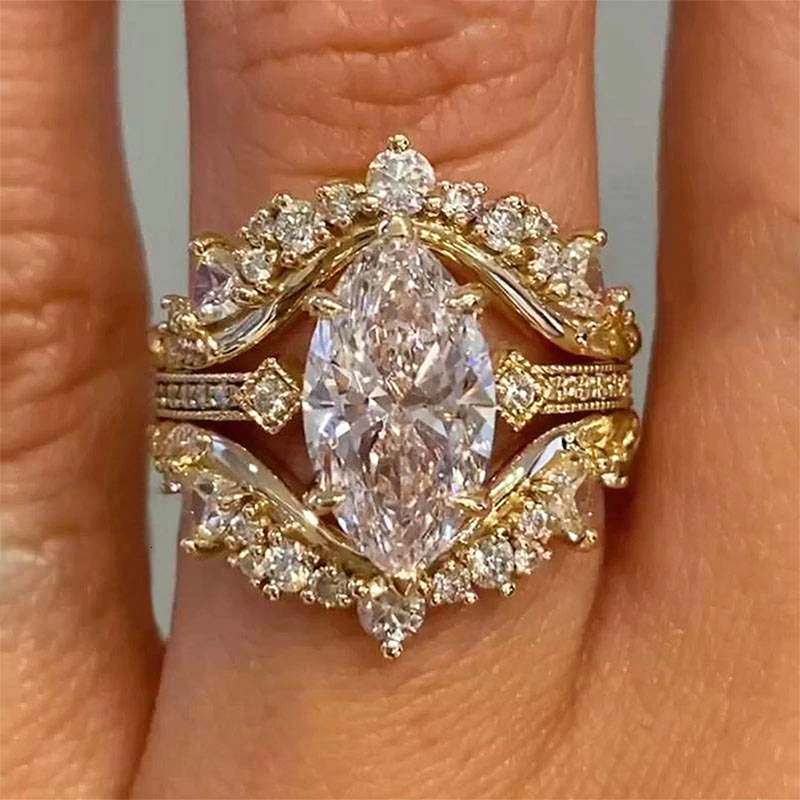Huitan Gorgeous Marquise Cut Ring for Women 3PcSet Elegant Accessories Female Finger Jewelry Wedding Ceremony Party 260409 - view 6