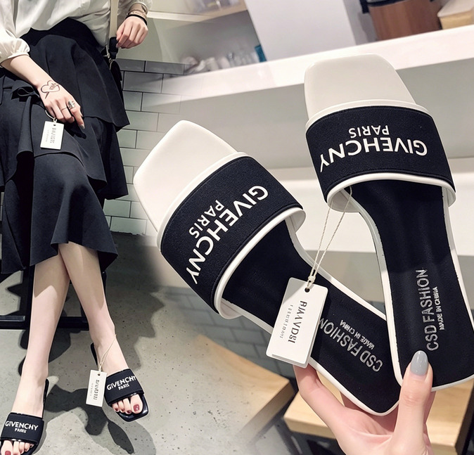Women's Letter Print Heeled Slides Fashion Slip-on Dress Sandals Korean-style letter print flat summer outdoor wear slip-on sandals for beach
