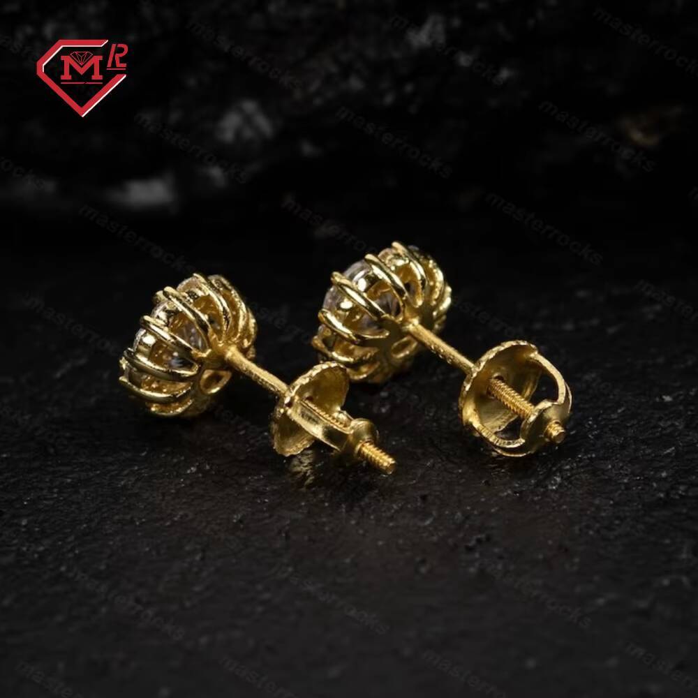 Luxury Silver 925 Yellow Gold Plated Stud Earrings Screw Back Iced Out Round Moissanite Earrings for Men