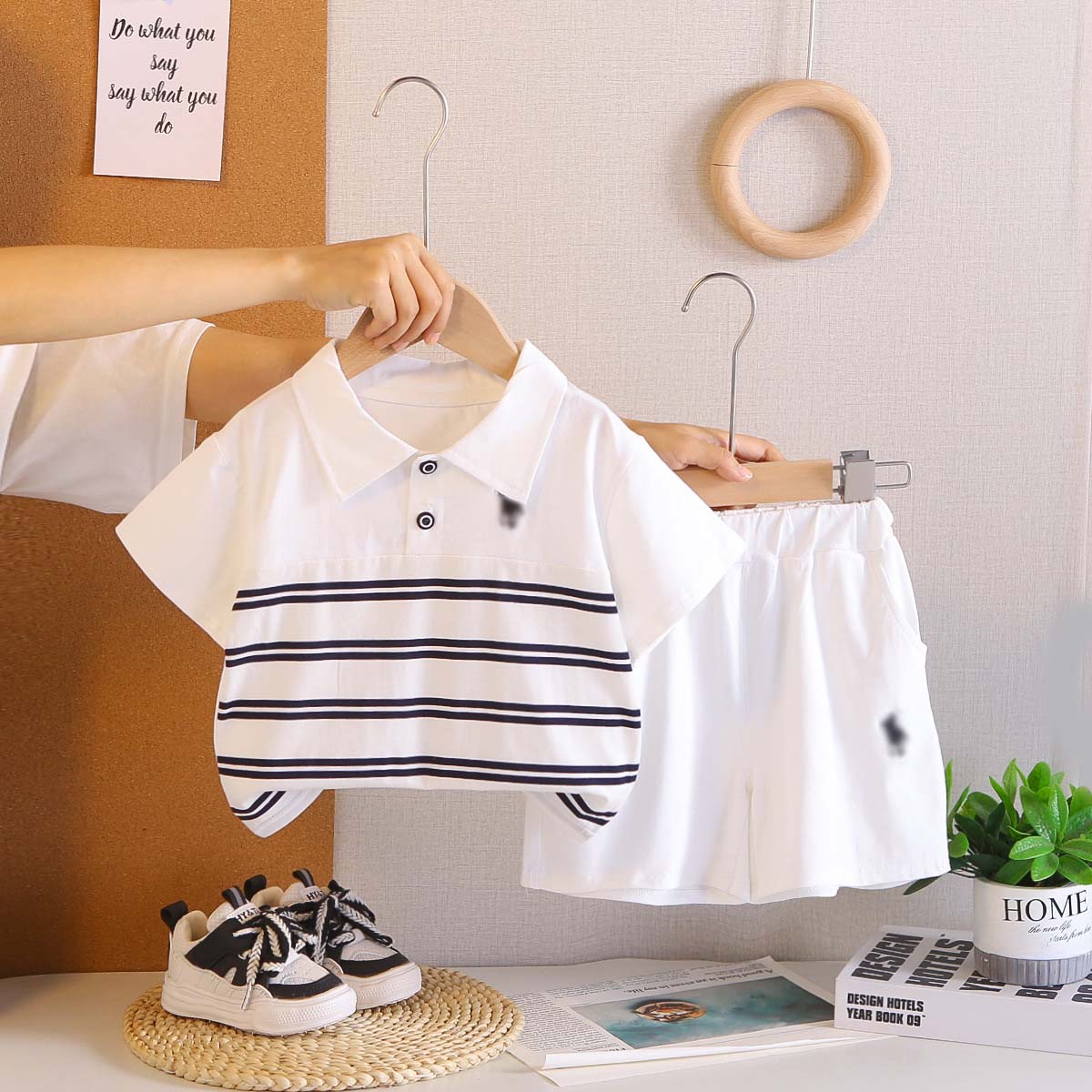 2026 Toddler Boys Summer Outfit 0-5 Years Summer New Baby Boy Clothes Luxury Designer Striped Turn-down Collar Short Sleeve T-shirts and Short 2 Piece Set Kids Clothing