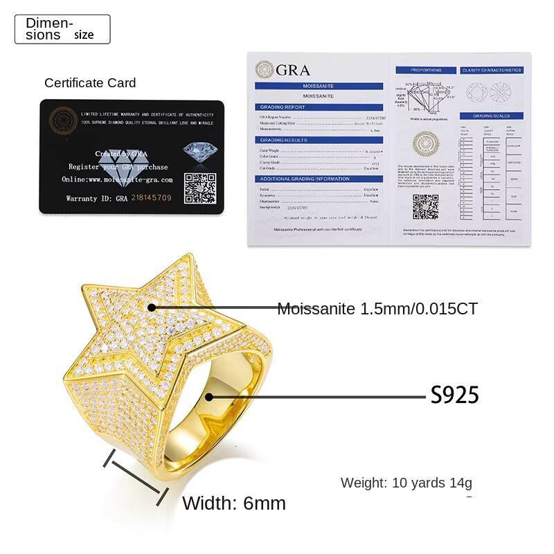 Hip Hop Fashion S925 Sterling Silver Wedding Ring for Men VVS D Color Moissanite with Five-Pointed Star Iced Style