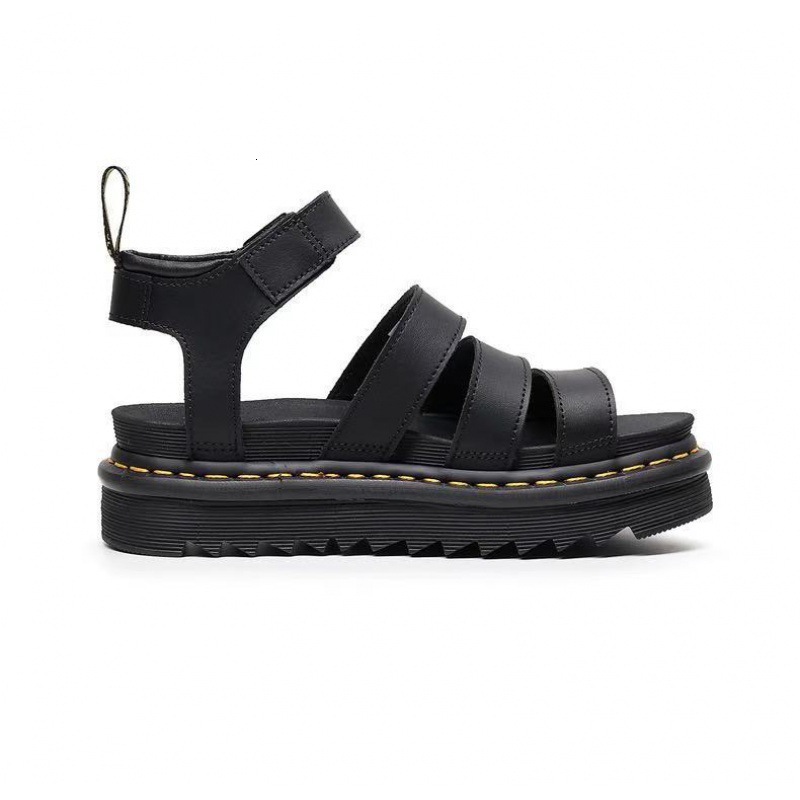 Women Black Leather Platform Gladiator Sandals, Multi Strap Ankle Buckle Adjustable Yellow Stitch Chunky Open Toe Summer Punk Gothic Casual Shoes