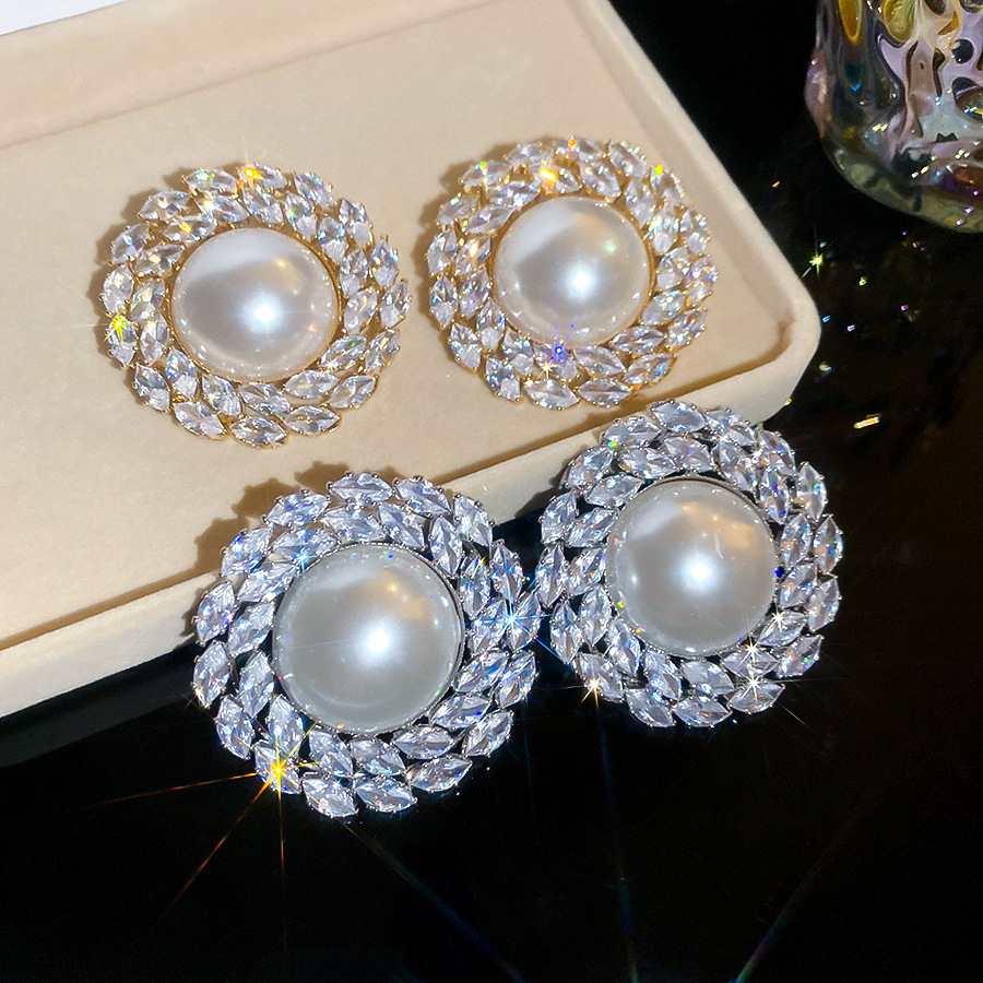 Silver needle zircon round pearl European American cross-border fashion, exaggerated elegant earrings, light luxury and high-end feel, women's ea - view 8