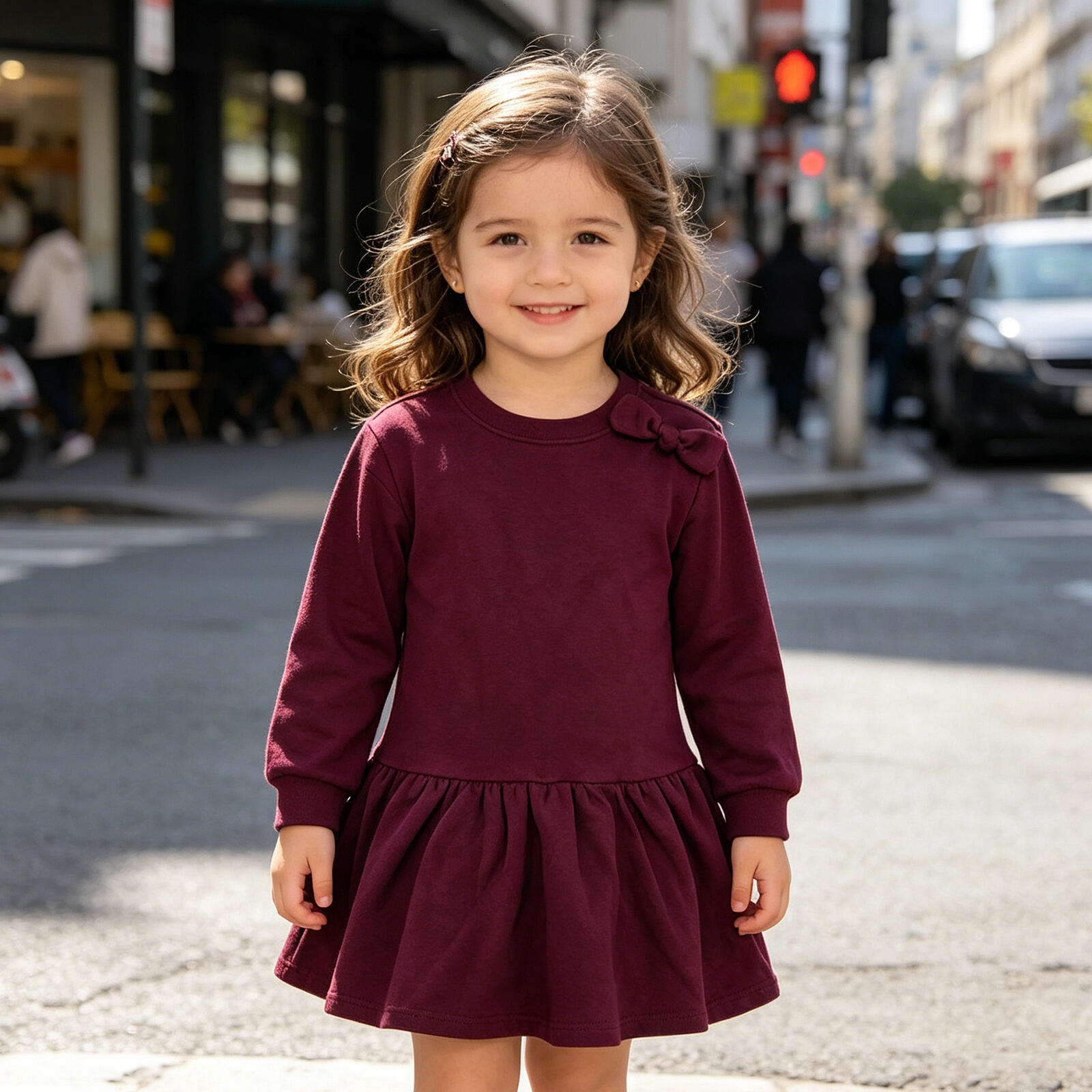 Kids Girls Burgundy Long Sleeve Dress with Bow Detail, Ruffle Hem Casual Sweatshirt Dress
