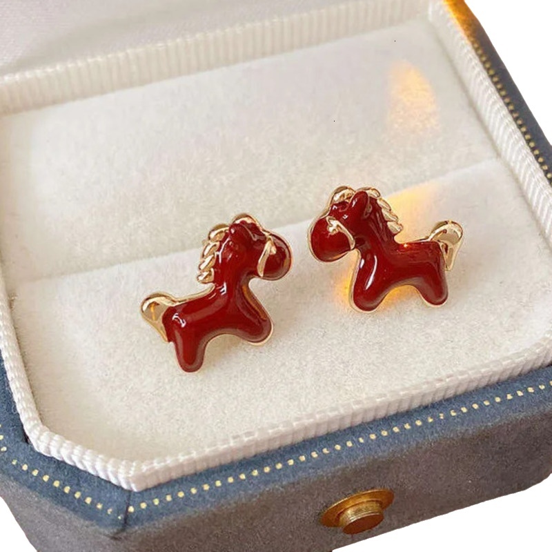 Jewelry Gold Plated Horse Red Enamel Drip Vintage Stud Earrings For Women Dainty Designer Animal Hypoallergenic Elegant Gift