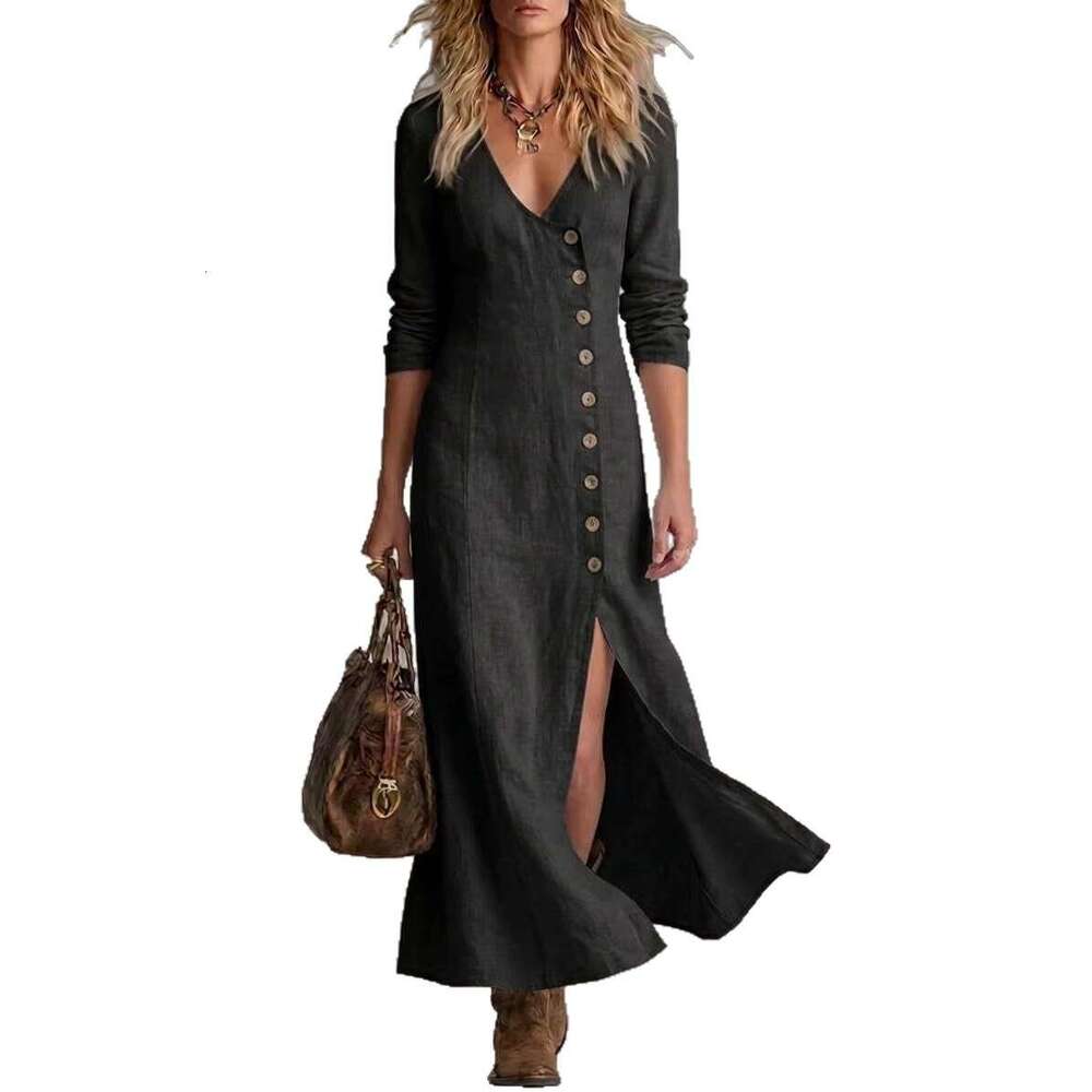 2026 New Spring Summer Casual Fashion Women's Linen Cotton Dress Long Sleeve Button Placket Midi Dress for Amazon Cross-Border MAKOUFEI