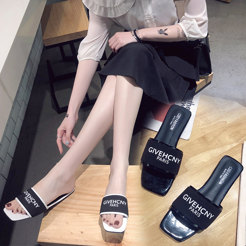 Women's Letter Print Heeled Slides Fashion Slip-on Dress Sandals Korean-style letter print flat summer outdoor wear slip-on sandals for beach