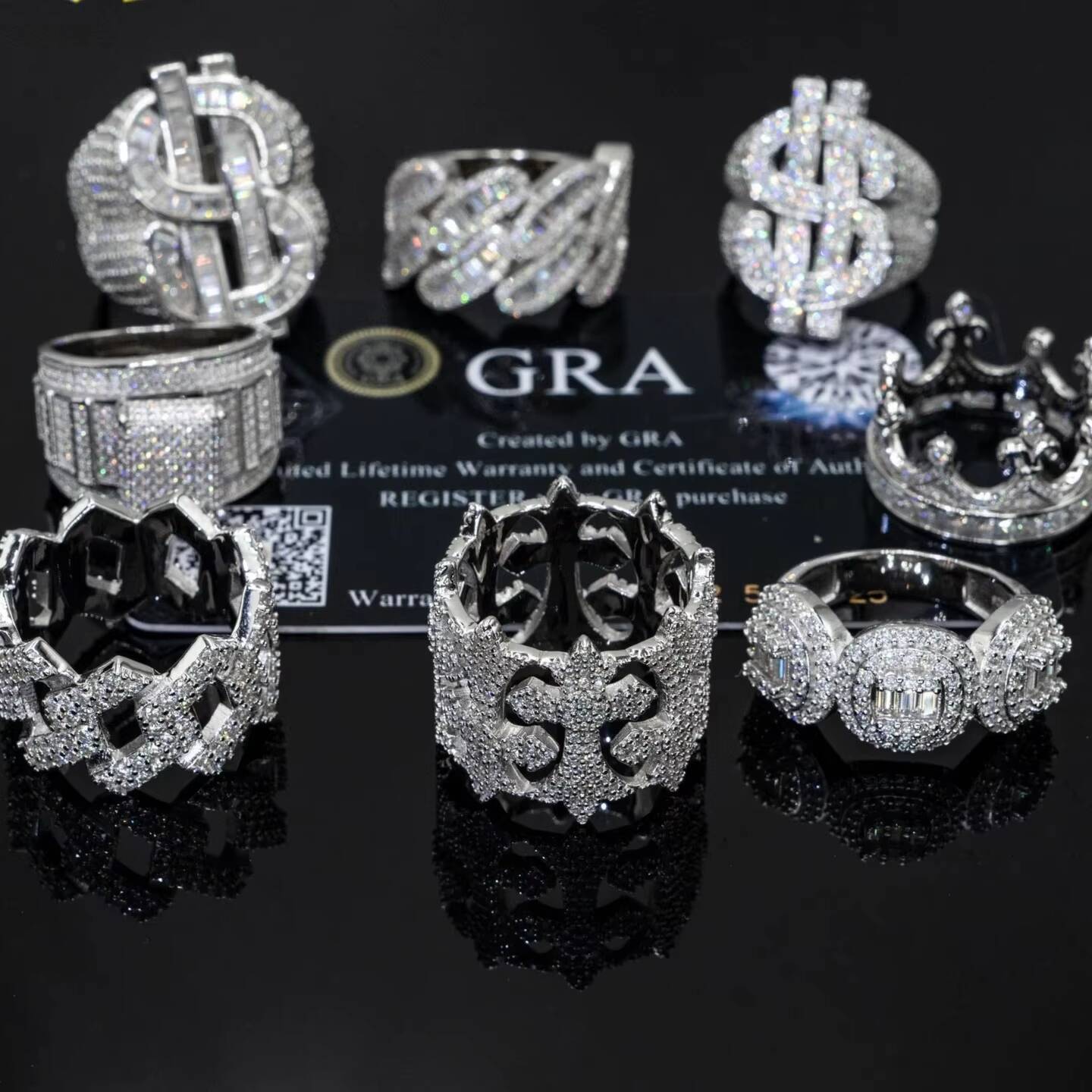 Wholesale Moissanite Ring Men 3 Rows Pass Test Diamond Pave Setting Hiphop Eternity Band 925 Silver Moissanite Ring