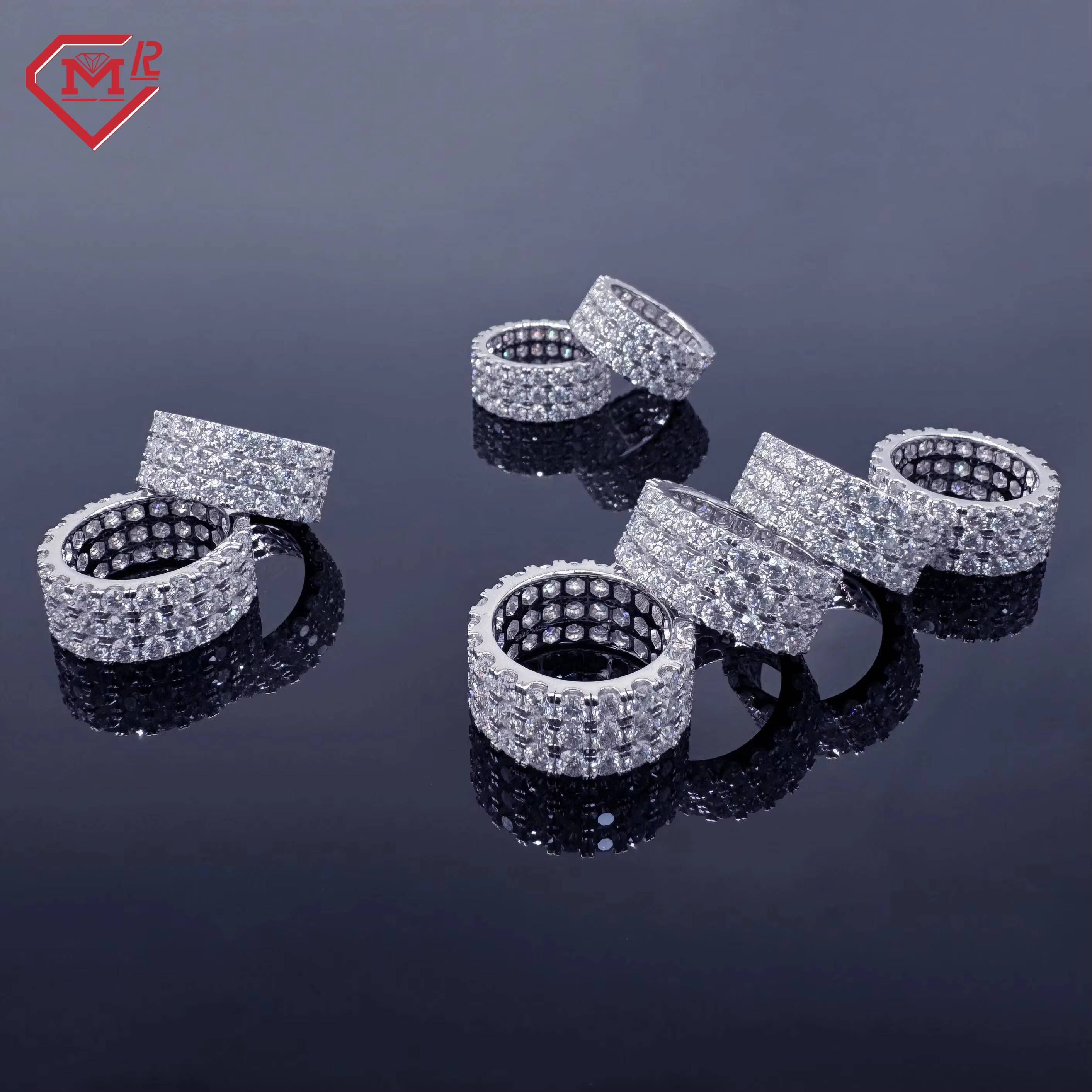 Wholesale Moissanite Ring Men 3 Rows Pass Test Diamond Pave Setting Hiphop Eternity Band 925 Silver Moissanite Ring