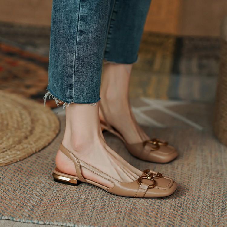 Women's Metal Buckle Slingback Flats Square Toe Closed-Toe Dress Soft Leather Sandals Horsebit Buckle Summer New Retro French Style - view 4