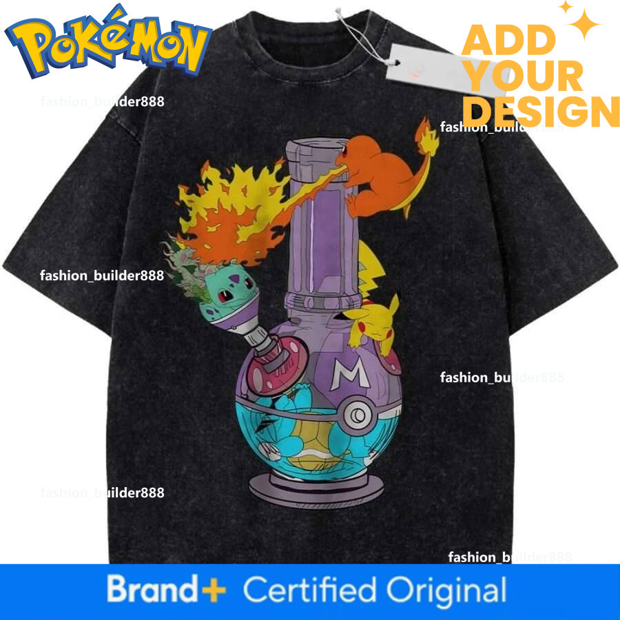 T Shirt Sports T Shirt Short Sleeve T Shirt Rose Red Unisex Pure Cotton Washed Vintage Pokemon Bulbasaur Pikachu Charmander - view 3