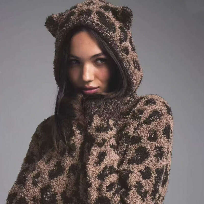 Limited Edition Christmas Leopard Print Fuzzy Knit Loungewear Set Zip Top Coat Pants Vest Shorts with Cute Ears for Women MAKOUFEI