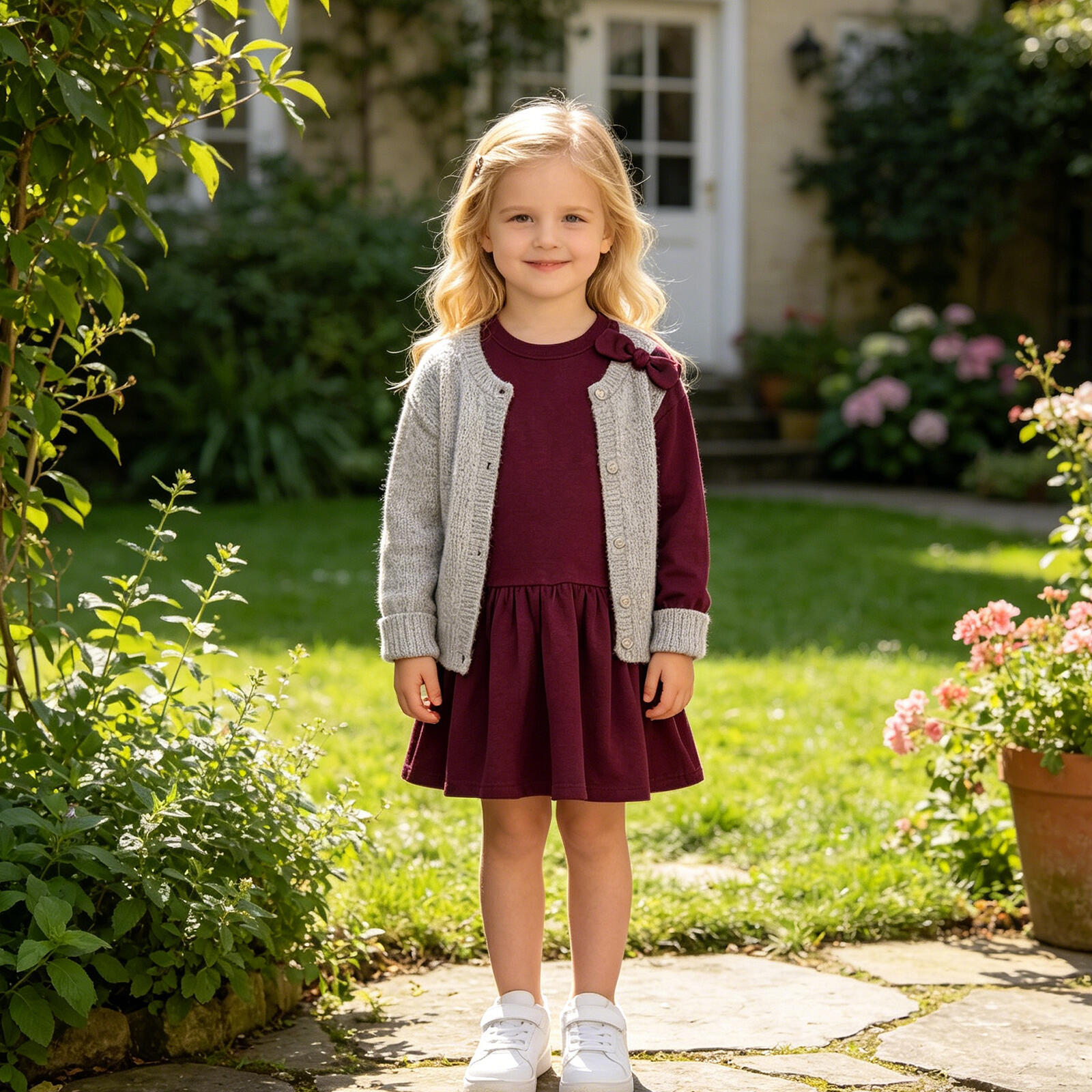 Kids Girls Burgundy Long Sleeve Dress with Bow Detail, Ruffle Hem Casual Sweatshirt Dress