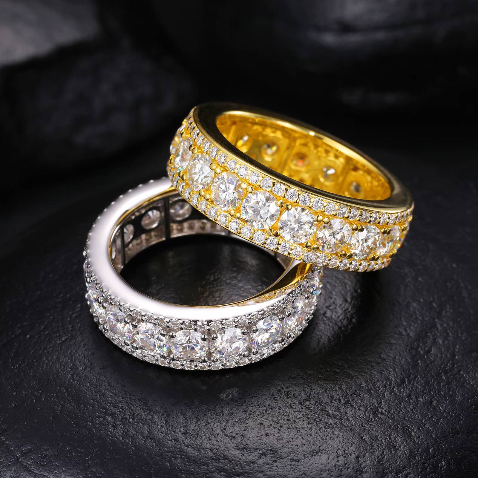 Pass Diamond Tester 3 Rows Moissanite Wedding Eternity Band Ring Gold Plated 925 Sterling Silver Fine Hip Hop Iced Out Jewelry