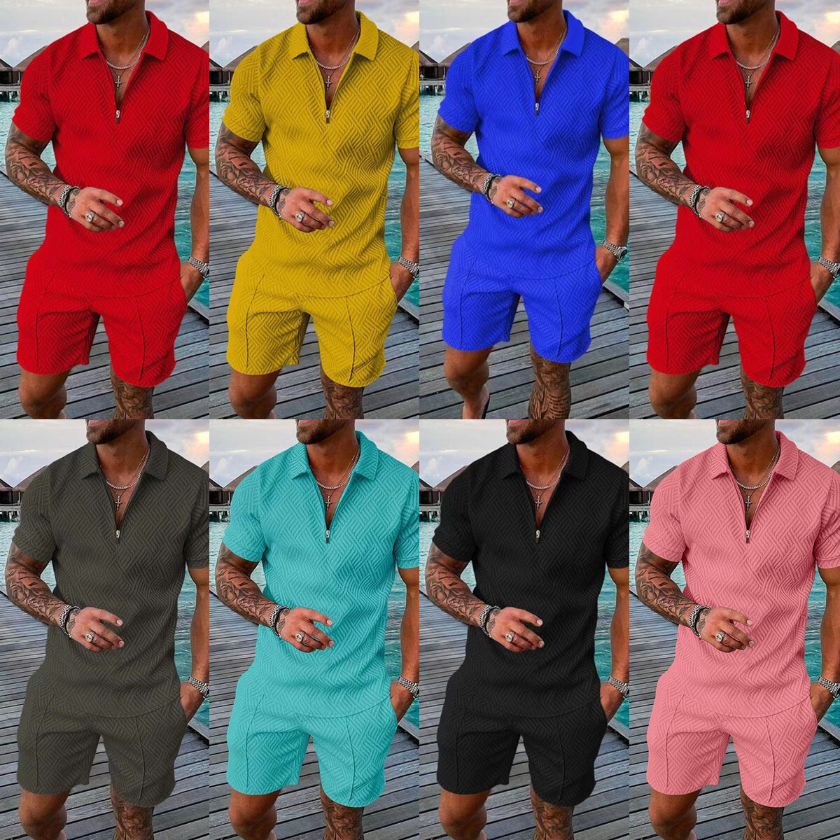 New Mens Printed Polo Shirt Set Turn-down Collar Short Sleeve Pullover Casual Mens T-shirt