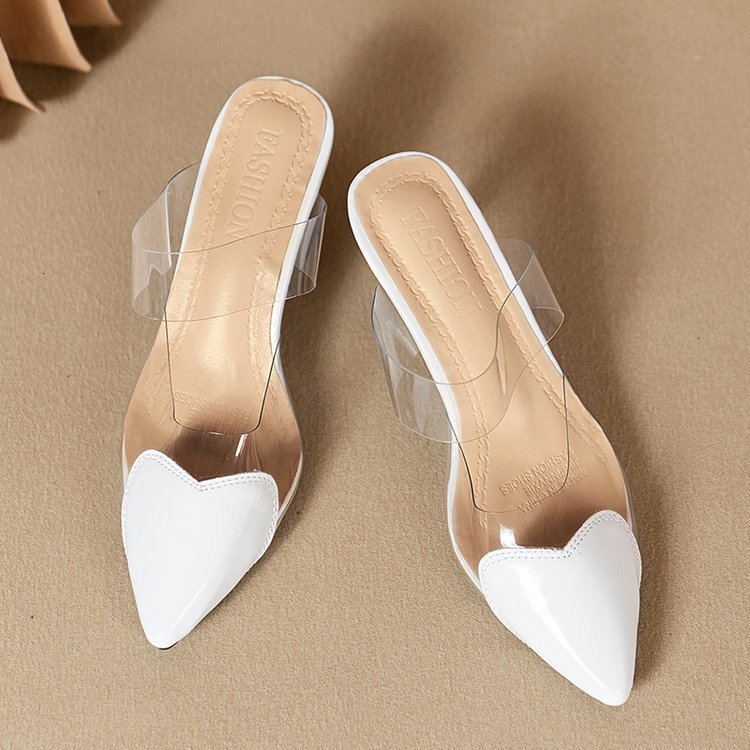 Spring New Fashion Simple Patent Leather Heart-Shaped Pointed Toe Mules For Women, Thin Heel High-Heeled Closed-Toe Sandals