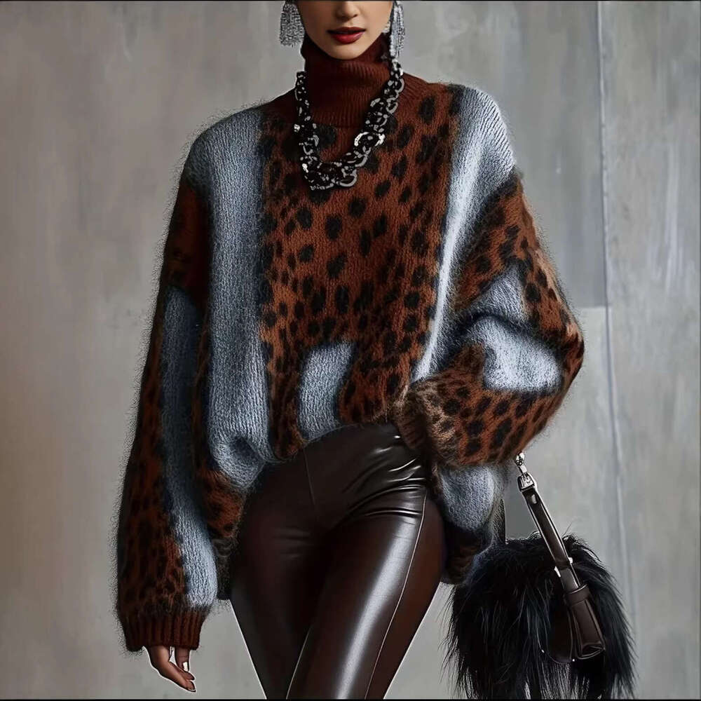 Women's Lazy Style Leopard Print Knit Sweater Fall Winter Warm Thick Loose Retro Patchwork Pullover Outerwear Tops MAKOUFEI