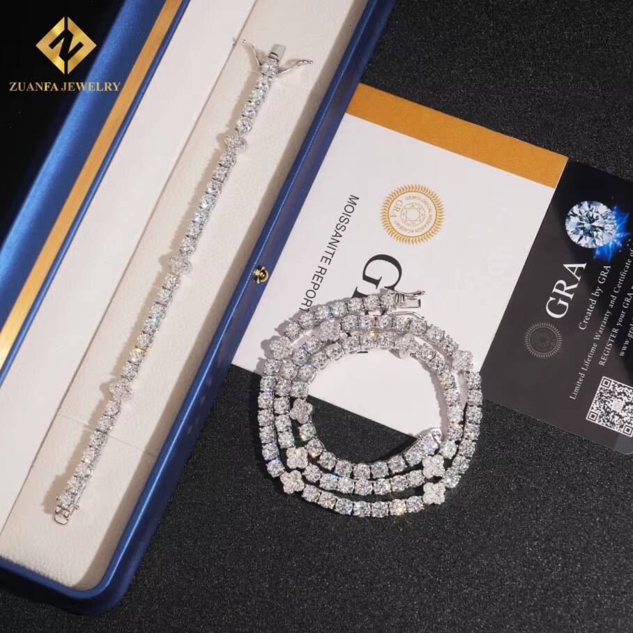 Hot Sale Luxury 5mm Four Leaf Clover Moissanite 925 Silver Moissanite Tennis Chain Pass Diamond Tester with GRA Diamond Necklace