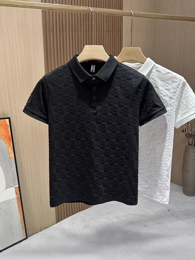 designer Tees 2026 Men's Luxury Monogram Embossed Polo Shirt Casual Slim Fit Short Sleeve Button Placket Top