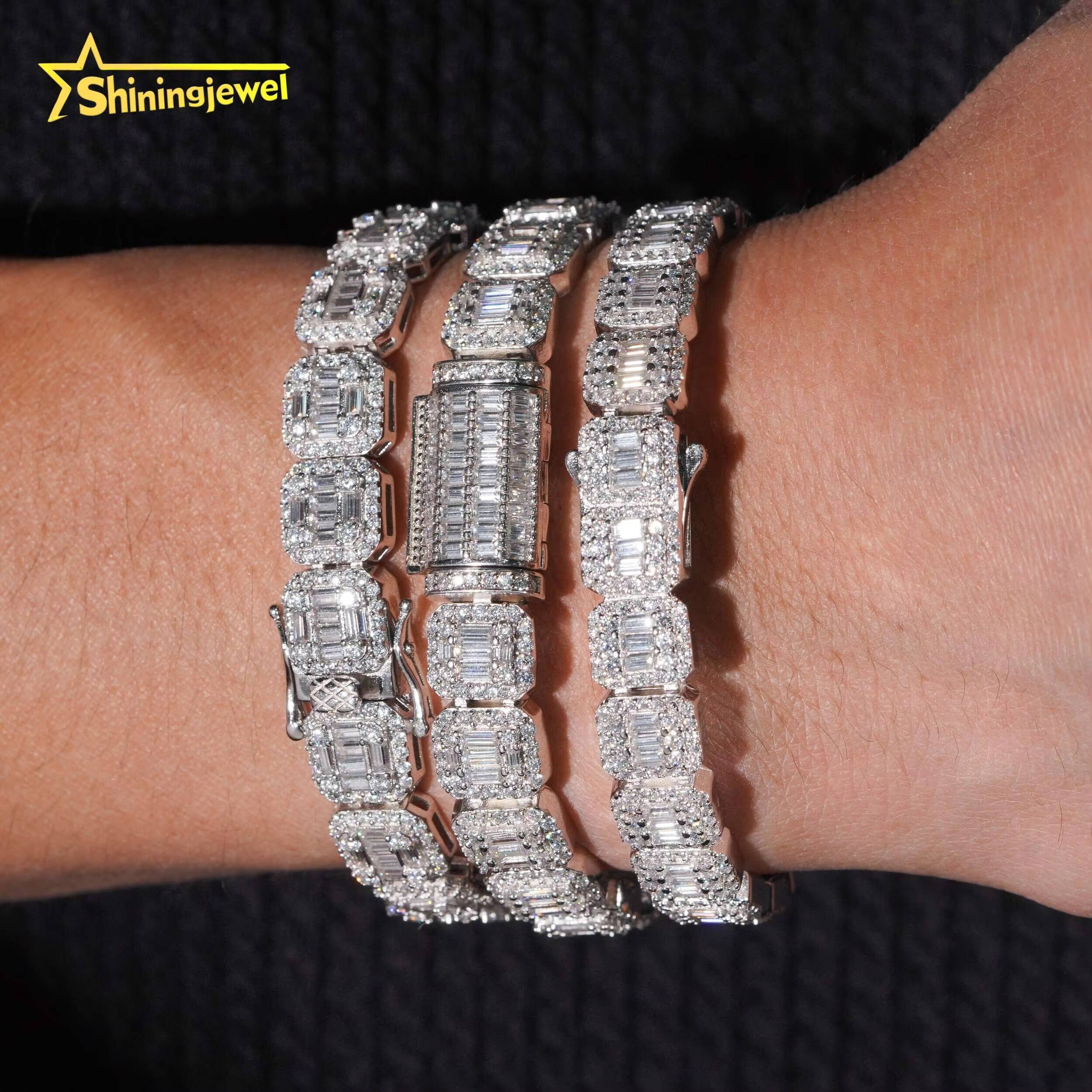 3 Styles Fashion Men 10mm Baguette Cut VVS Moissanite Solid 925 Silver Hip Hop Jewelry Iced Out Cuban Link Chain Bracelet