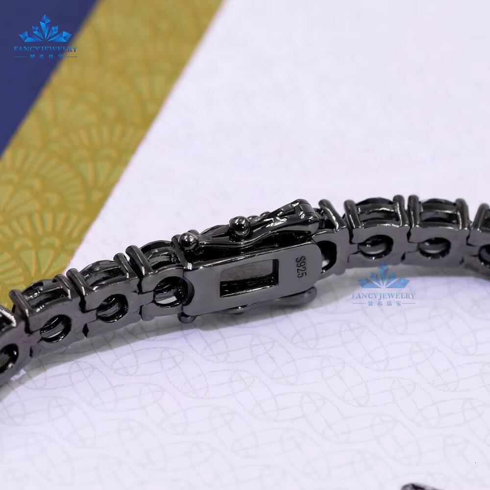 Fancy Jewelry Iced Out Tennis Chain Necklace 925 Sterling Silver Diamond 4mm Black Moissanite Tennis Chain
