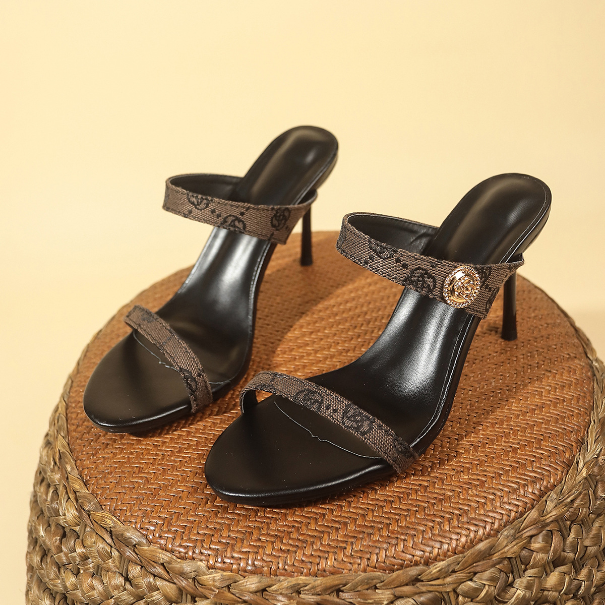 Free shipping new hot selling designer women's high-quality luxury printed lace up high-heeled mule sandals with exposed toes