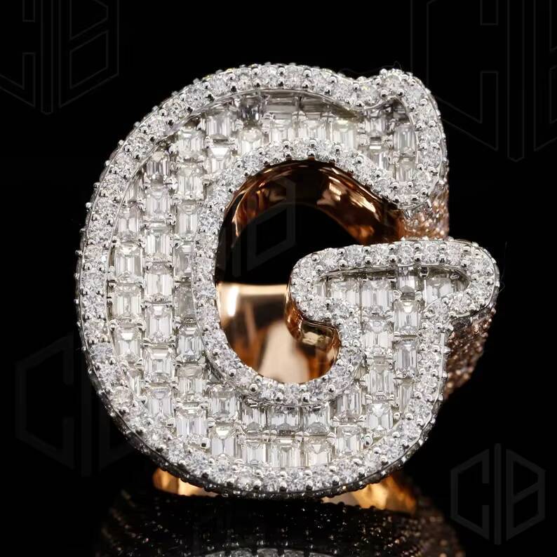 Hiphop Moissanite Letter Ring Men 925 Sterling Silver Custom Letter Iced Out VVS Baguette Diamond Moissanite Ring