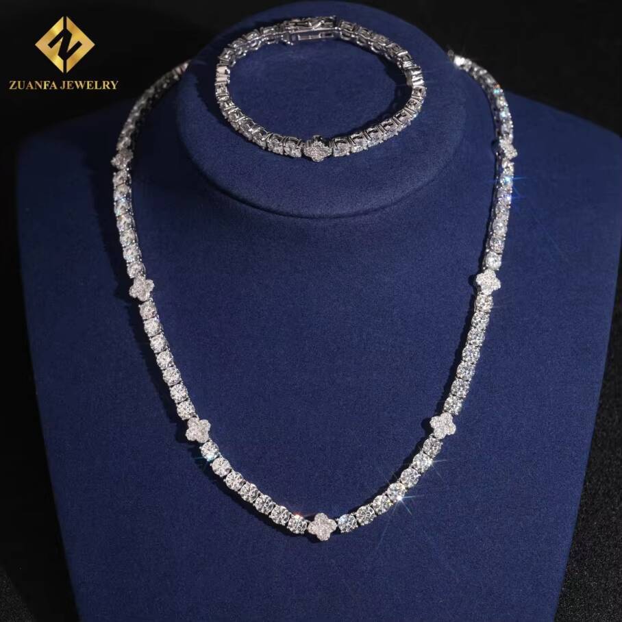 Hot Sale Luxury 5mm Four Leaf Clover Moissanite 925 Silver Moissanite Tennis Chain Pass Diamond Tester with GRA Diamond Necklace