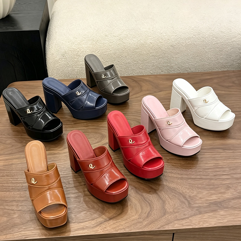High-heeled Slippers Designer Platform Heels Woman Chunky Heel Sandals Fish-mouth Thick-soled Shoes Genuine Leather Hardware logo Dress Shoe Platform Heel with box