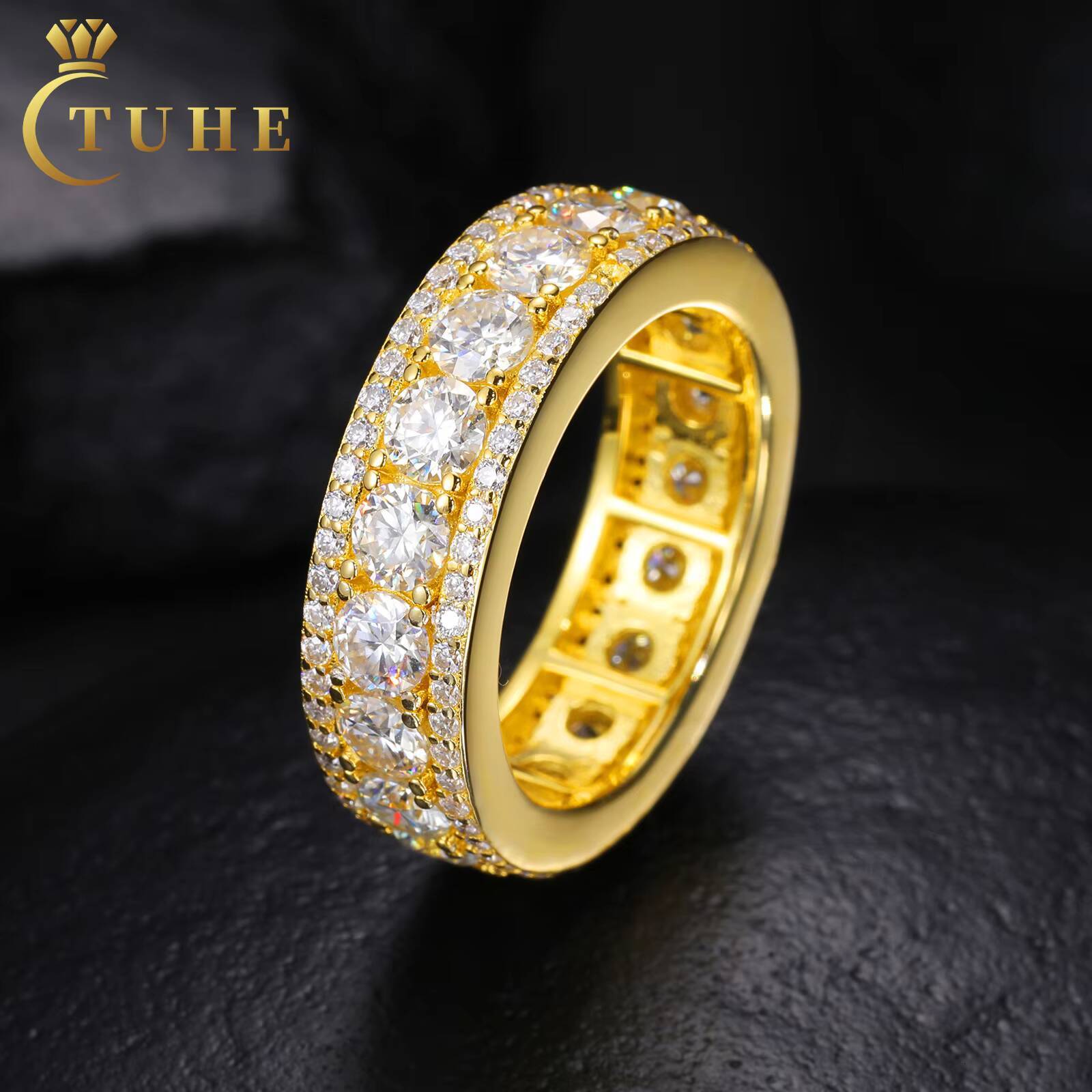 Pass Diamond Tester 3 Rows Moissanite Wedding Eternity Band Ring Gold Plated 925 Sterling Silver Fine Hip Hop Iced Out Jewelry