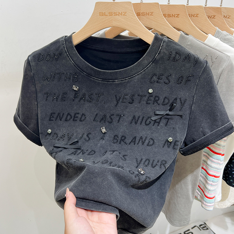Heavy-duty rhinestone letter print short-sleeve t-shirt for women summer style slimming and age-reducing fitted round-neck top 260418 - view 5