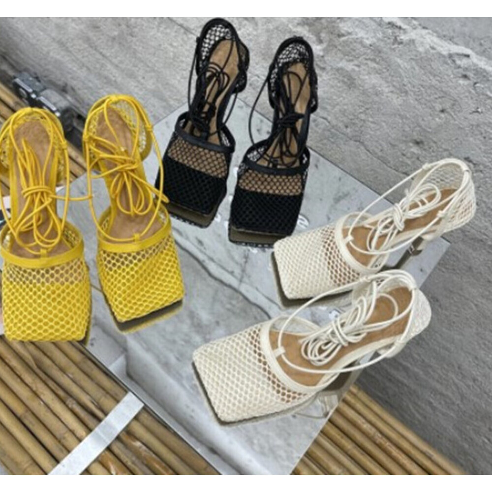 Women Mesh Fishnet High Heel Sandals, Square Toe Ankle Lace Up Strap Stiletto Heel Party Dress Pumps Shoes
