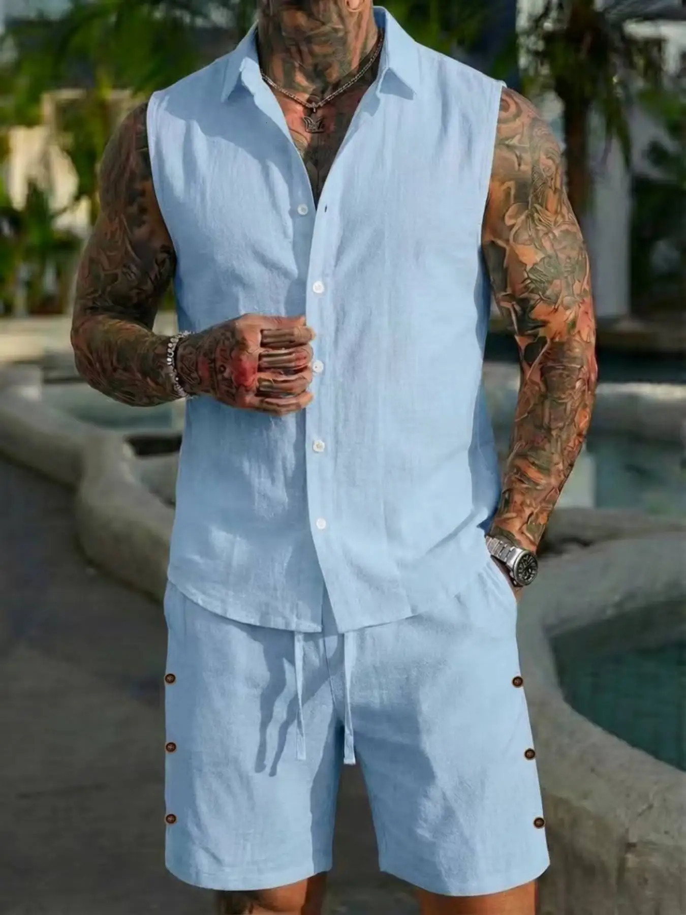 Summer linen shirt set for men casual outdoor twopiece home wear pajamas comfortable and breathable beach shortsleeved 260414