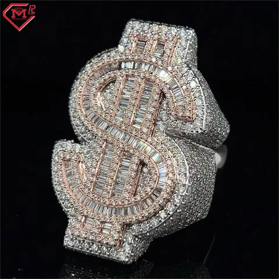 Hot Sale Custom Hip Hop Men Ring Money Be Rich Baguette Cut Gold Plated 925 Sterling Silver Vvs Moissanite Ring
