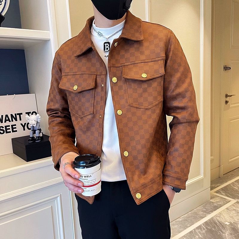 Designer England Style Men's Lapel Jacket, 100% Cashmere Black Checkerboard Coat, Long Sleeve Covered Button, Peter Pan Collar, Daily Outfit - view 5