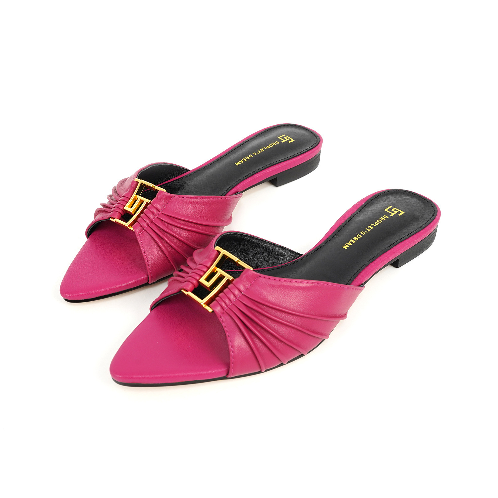 Women Classic Red Metal Buckle Slide Mules, Pointed Toe Pleated Flat Casual Outdoor Daily Dress Slippers