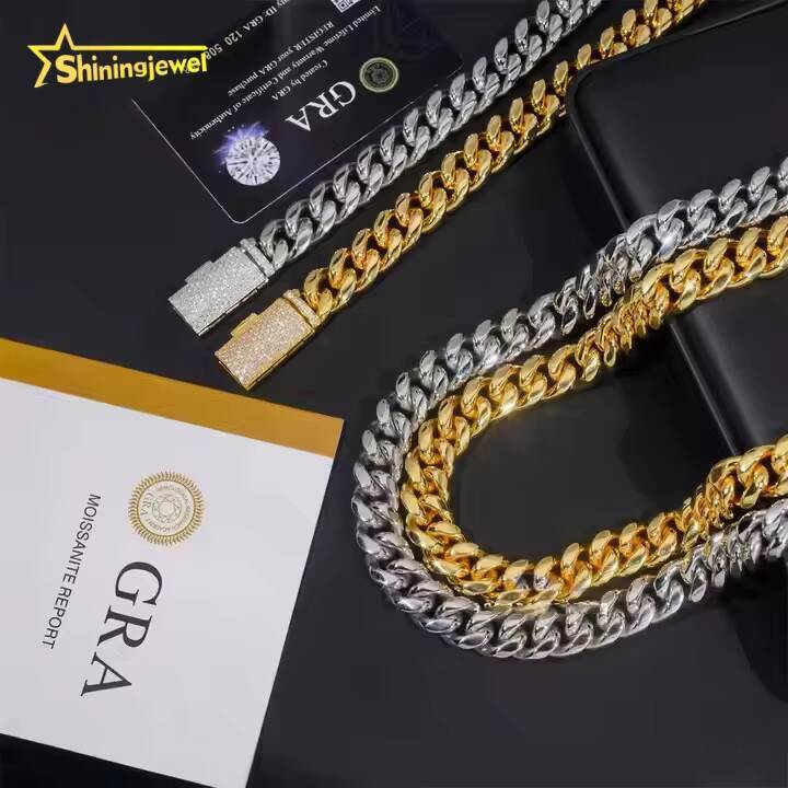 PVD Plated 14MM 316L Stainless Steel Cuban Chains 925 Silver VVS Moissanite Lock Fashion Men Hip Hop Necklace Bracelet