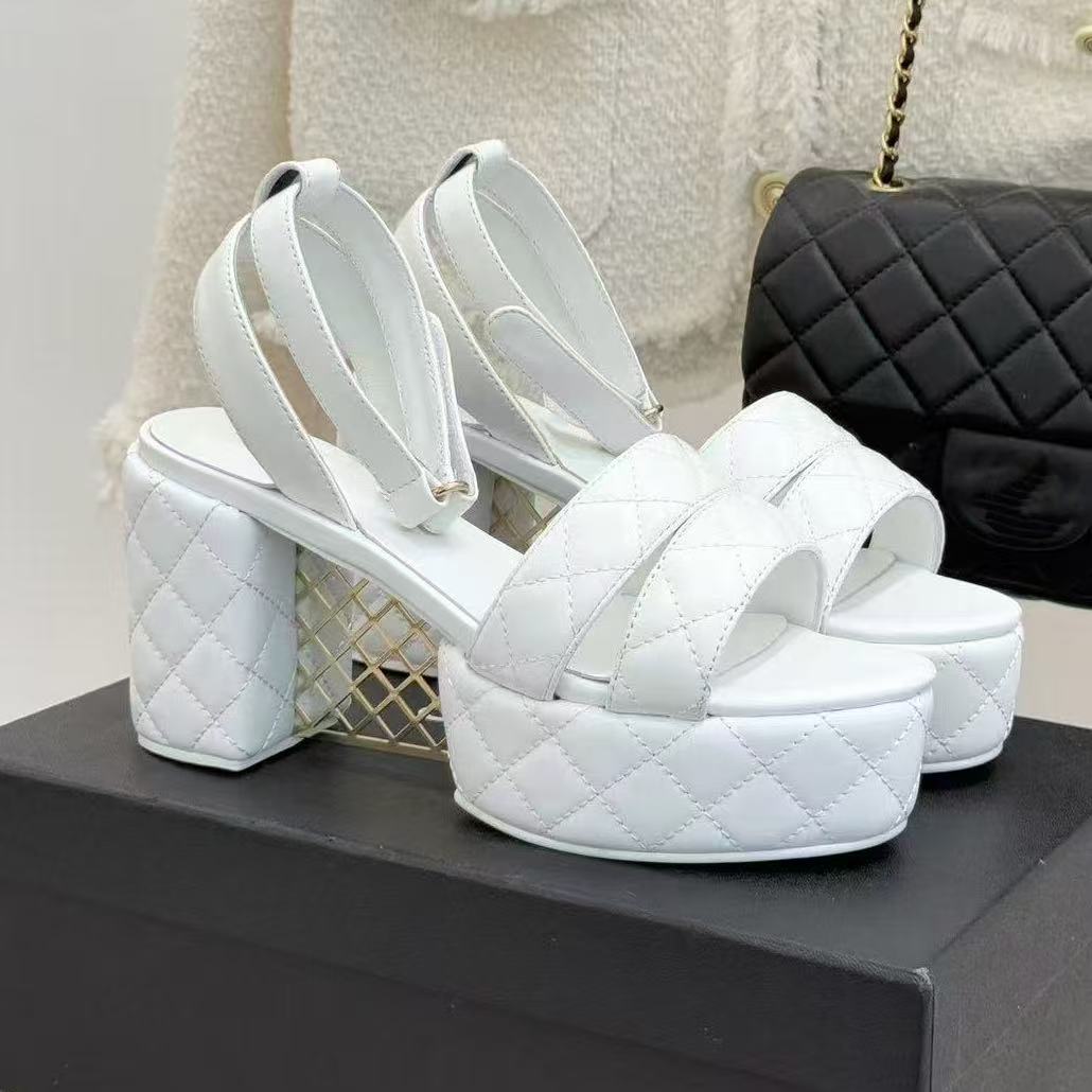 2026 Master Latest Design Women's sandal cowhide and Nib plaid vamp with Diamond and Pearl belt buckle decorative thick heel ankle strap buckle Size35-42 with box